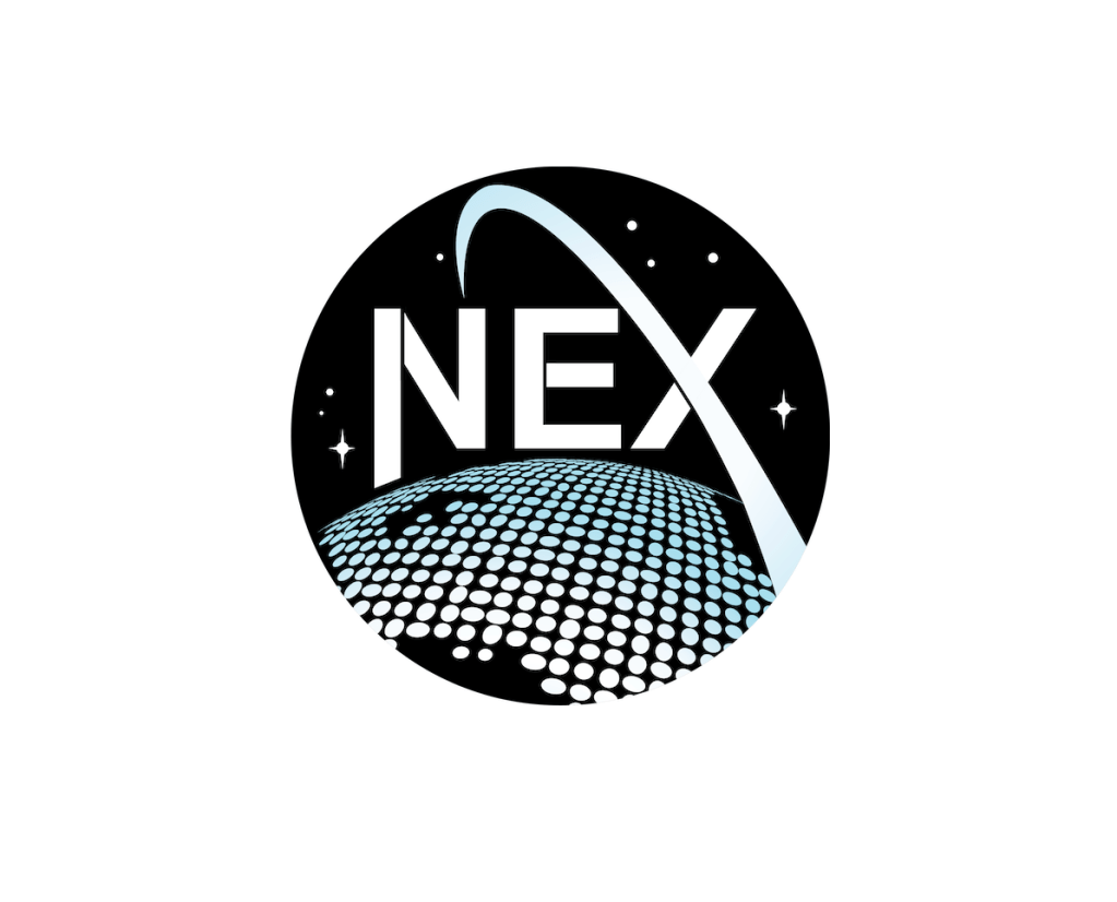 New Black Logo, with white letters NEX and a globe lit up with light blue and white colors, of NASA Earth Exchange (NEX) Program